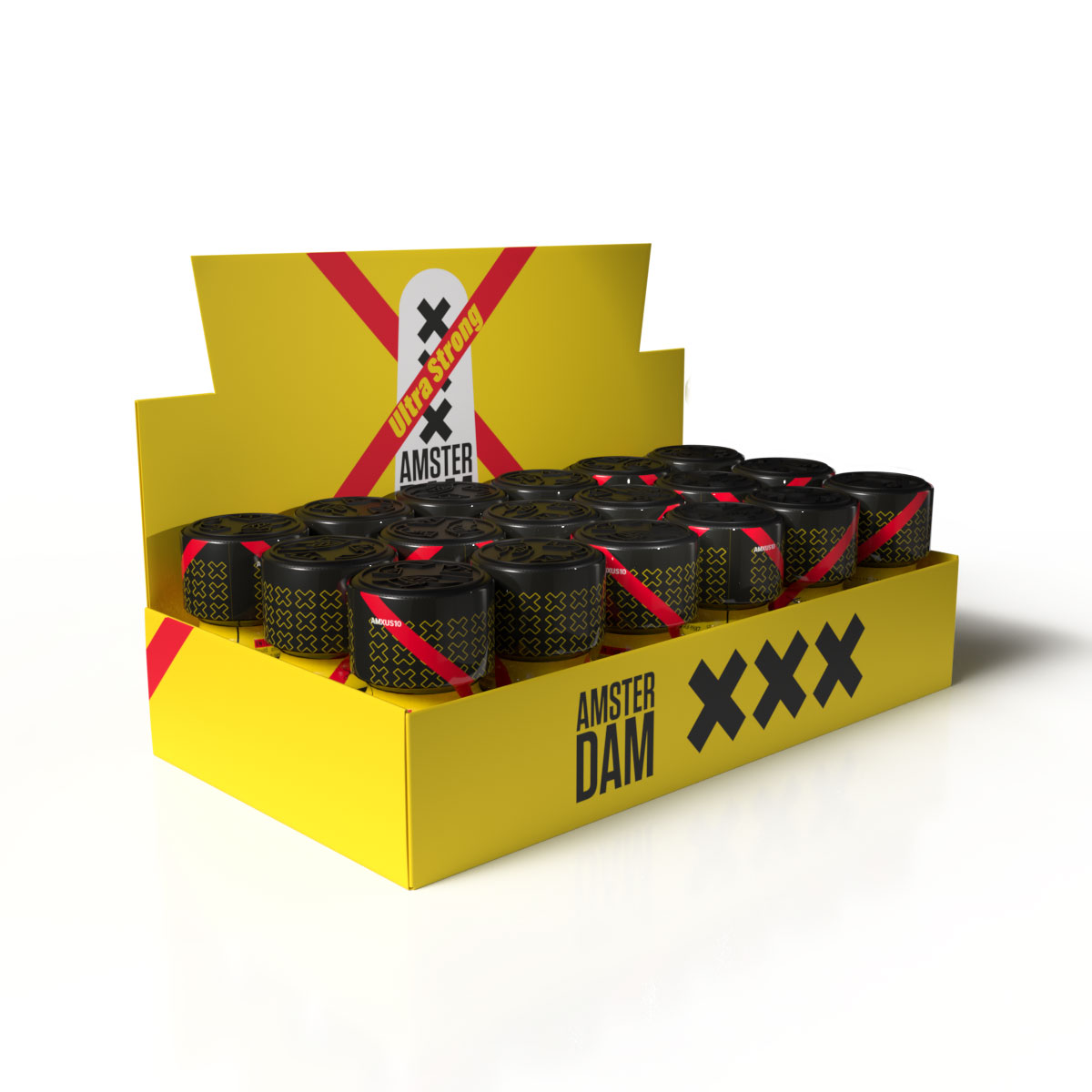 Expositor Amsterdam XXX Ultra Strong — bandeja 18 unidades